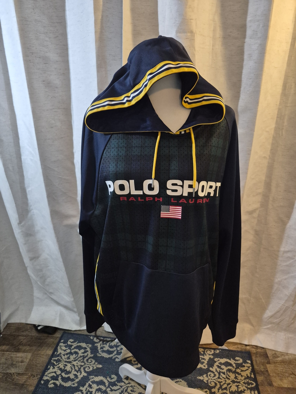 Polo Sport Ralph Lauren Mens Pullover Hoodie Size M Blue Yellow Logo Pockets